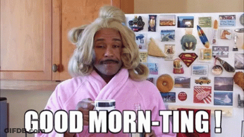 A Man In A Pink Robe Is Holding A Cup Of Coffee And Says Good Morn-Ting ! GIF