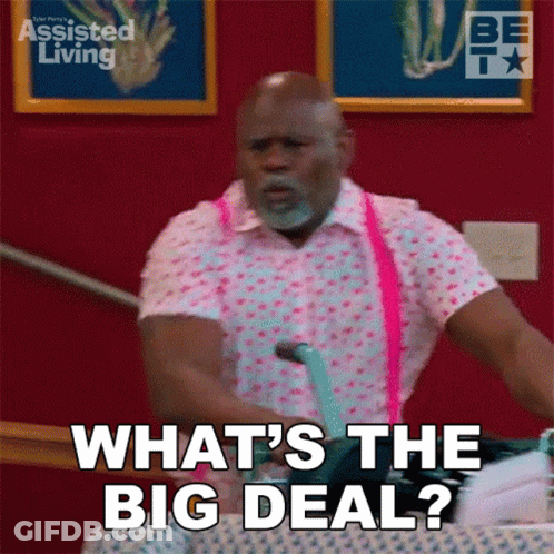 A Man In A Pink Shirt And Pink Suspenders Is Asking What 'S The Big Deal GIF