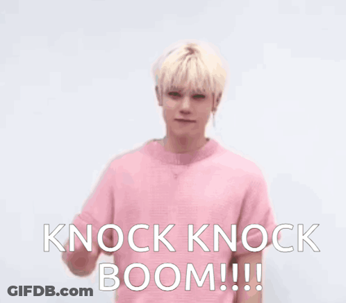 A Man In A Pink Shirt Holds Up His Fist And Says " Knock Knock Boom " GIF