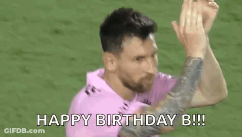 A Man In A Pink Shirt Is Clapping His Hands And Saying `` Happy Birthday B !!! '' . GIF