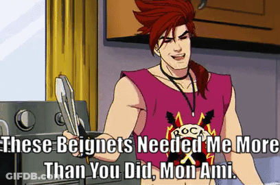 A Man In A Pink Shirt Is Holding A Pair Of Tongs And Says These Beignets Needed Me More Than You Did GIF