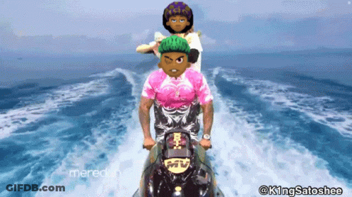 A Man In A Pink Shirt Is Riding A Jet Ski With Two Other Men GIF