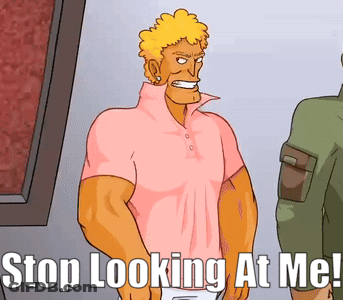 A Man In A Pink Shirt Is Standing Next To Another Man And Says Stop Looking At Me GIF