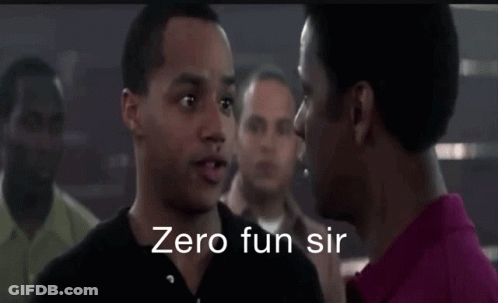 A Man In A Pink Shirt Is Talking To Another Man With The Words Zero Fun Sir Written Below Them GIF