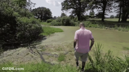 A Man In A Pink Shirt Is Walking Through A Grassy Field GIF