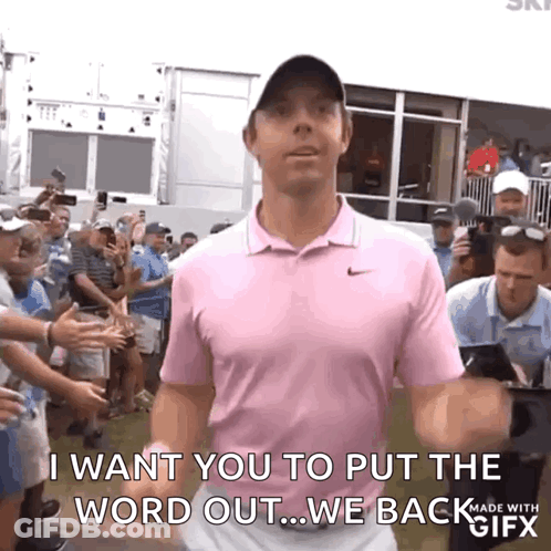 A Man In A Pink Shirt Says I Want You To Put The Word Out GIF