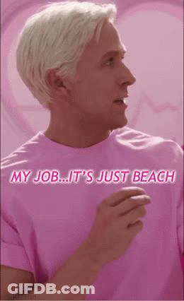 A Man In A Pink Shirt With The Words My Job It 'S Just Beach On It GIF
