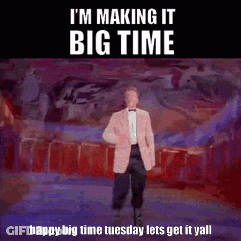 A Man In A Pink Suit And Bow Tie Is Dancing On A Stage With The Words I 'M Making It Big Time GIF