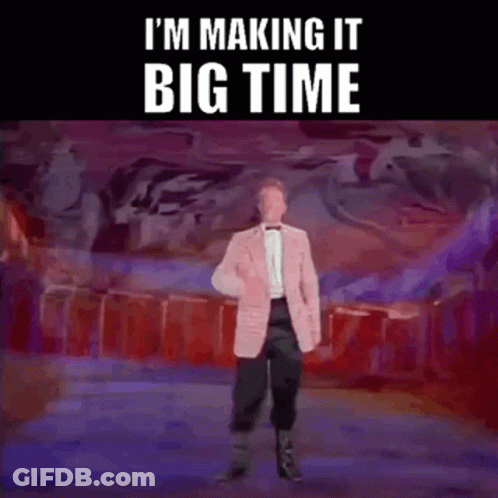 A Man In A Pink Suit And Bow Tie Is Dancing With The Words I 'M Making It Big Time Below Him GIF