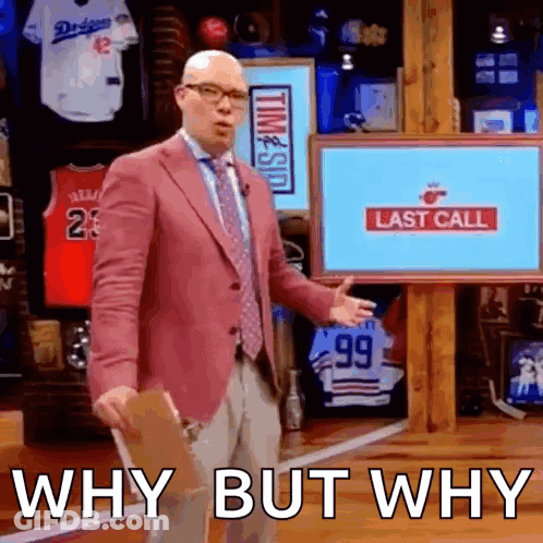 A Man In A Pink Suit And Tie Is Standing In Front Of A Tv Screen That Says Last Call .. GIF