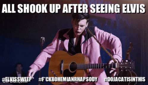 A Man In A Pink Suit Is Playing A Guitar And Says All Shook Up After Seeing Elvis GIF