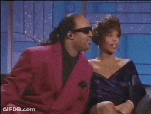 A Man In A Pink Suit Is Sitting Next To A Woman In A Purple Dress On A Couch . GIF
