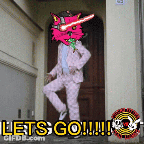 A Man In A Pink Suit Is Standing In Front Of A Door With The Words Let 'S Go !!! GIF