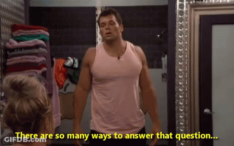A Man In A Pink Tank Top Is Standing In Front Of A Mirror With The Words There Are So Many Ways To Answer That Question GIF