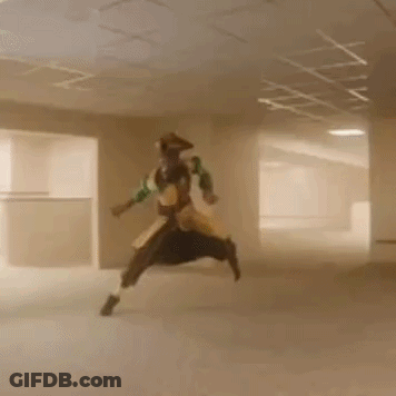 A Man In A Pirate Costume Is Dancing In A Room With Lots Of Furniture . GIF