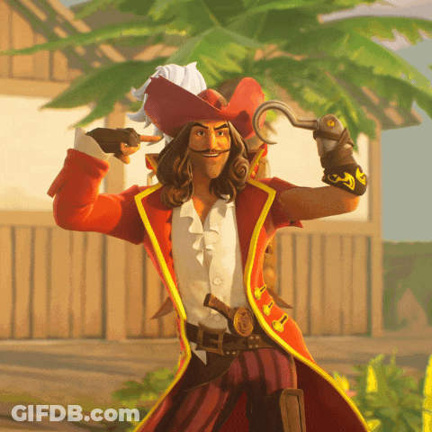 A Man In A Pirate Costume Is Holding A Hook Over His Head GIF
