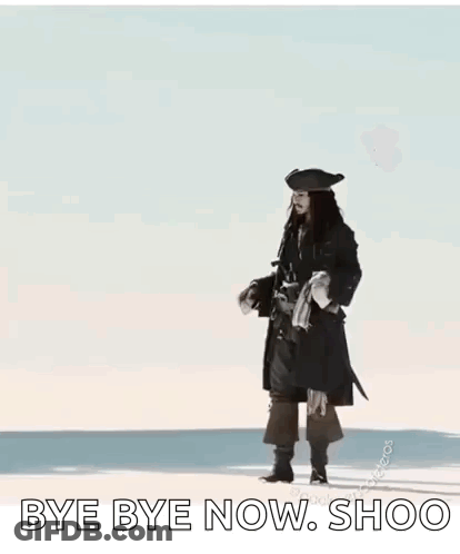 A Man In A Pirate Costume Is Standing On A Beach Holding A Sword And A Gun . GIF