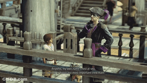 A Man In A Pirate Costume Is Talking To A Little Boy GIF