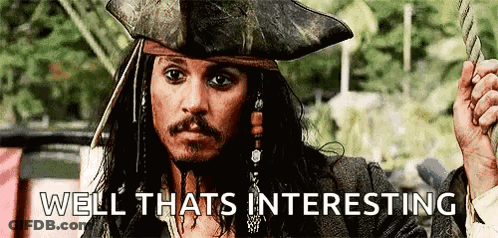 A Man In A Pirate Hat Is Holding A Feather And Saying `` Well That 'S Interesting '' . GIF