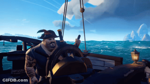 A Man In A Pirate Hat Is Holding The Steering Wheel Of A Boat GIF