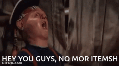 A Man In A Pirate Hat Says " Hey You Guys No Mor Itemsh " GIF