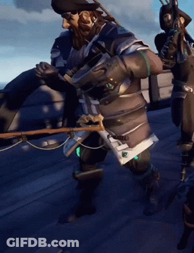 A Man In A Pirate Outfit Is Holding A Sword And A Gun GIF