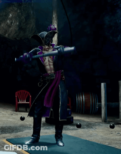 A Man In A Pirate Outfit Is Holding A Sword In A Dark Room GIF