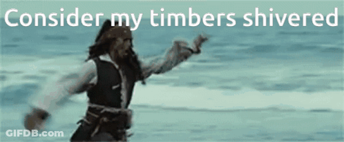 A Man In A Pirate Outfit Is Standing In The Ocean With The Words " Consider My Timbers Shivered " Behind Him GIF