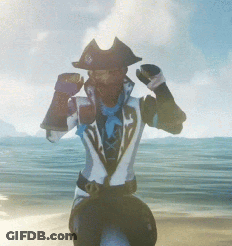 A Man In A Pirate Outfit Is Standing On A Beach With His Arms Outstretched . GIF
