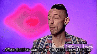 A Man In A Plaid Jacket Says When That Bus Comes By I 'M Gonna Throw Her First . GIF