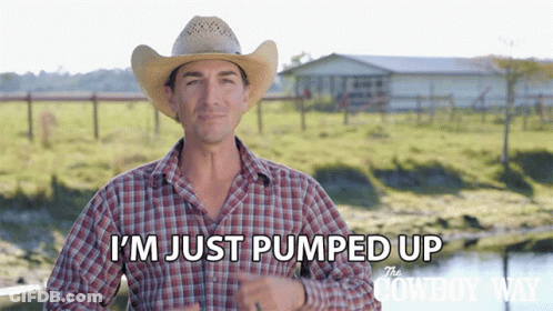 A Man In A Plaid Shirt And Cowboy Hat Says I 'M Just Pumped Up GIF