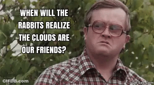A Man In A Plaid Shirt And Glasses Is Asking When Will The Rabbits Realize The Clouds Are Our Friends ? GIF