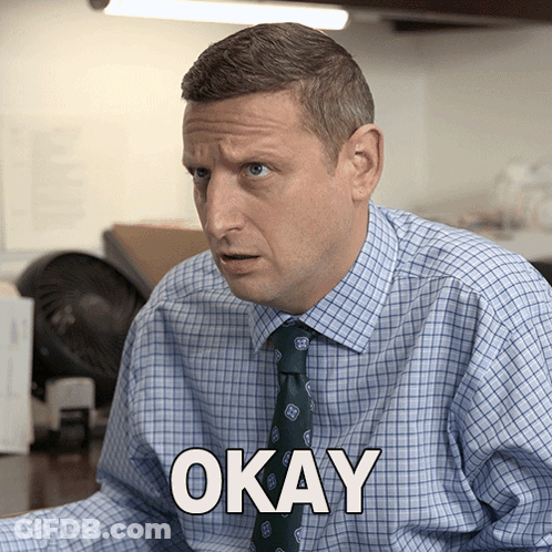 A Man In A Plaid Shirt And Tie Has The Word Okay Above His Head GIF