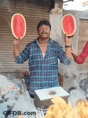 A Man In A Plaid Shirt Holds Two Slices Of Watermelon In His Hands GIF