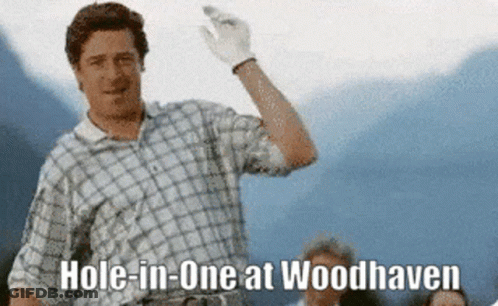 A Man In A Plaid Shirt Is Holding A Golf Club And Says Hole In One At Woodhaven GIF