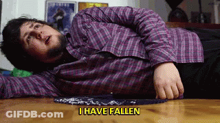 A Man In A Plaid Shirt Is Laying On The Floor And Says I Have Fallen GIF