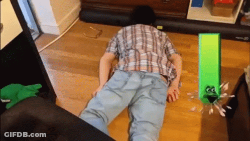 A Man In A Plaid Shirt Is Laying On The Floor Next To A Green Frog GIF