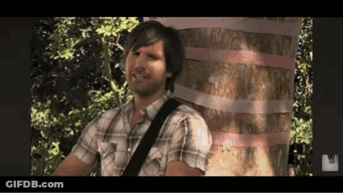 A Man In A Plaid Shirt Is Playing A Guitar In Front Of A Tree . GIF