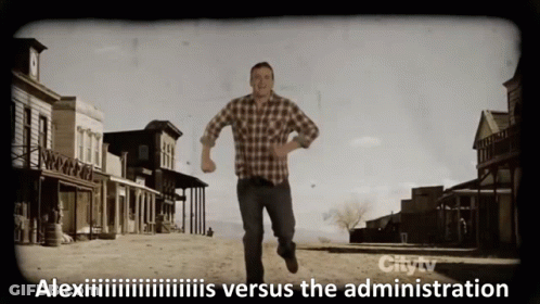 A Man In A Plaid Shirt Is Running Down A Street With The Words Alexiiiis Versus The Administration Below Him GIF