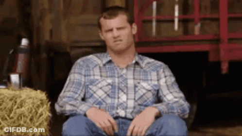 A Man In A Plaid Shirt Is Sitting In Front Of A Hay Bale Making A Funny Face . GIF