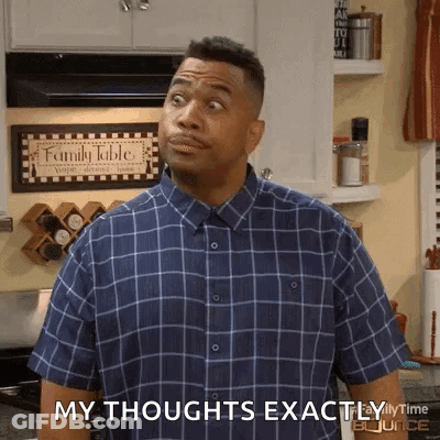 A Man In A Plaid Shirt Is Standing In A Kitchen And Says " My Thoughts Exactly " GIF