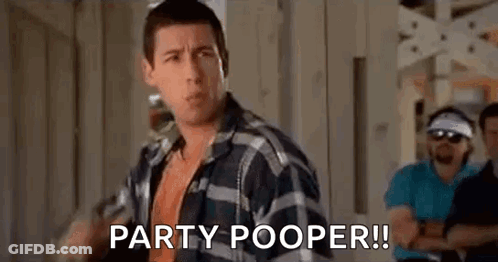 A Man In A Plaid Shirt Is Standing In Front Of A Group Of People And Saying `` Party Pooper '' . GIF