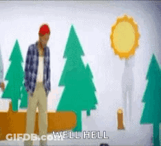 A Man In A Plaid Shirt Is Standing In Front Of A Wall With Trees And A Sun . GIF