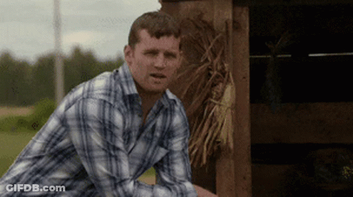 A Man In A Plaid Shirt Is Standing In Front Of A Wooden Fence GIF