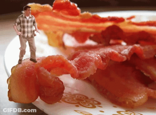 A Man In A Plaid Shirt Is Standing On Top Of A Plate Of Bacon GIF