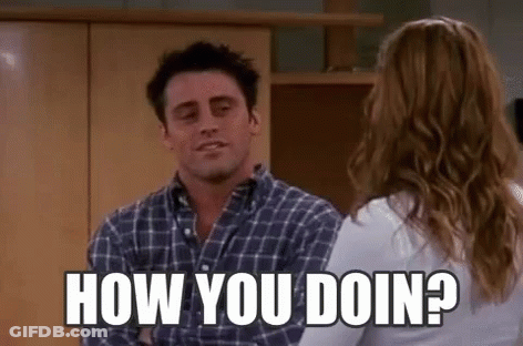 A Man In A Plaid Shirt Is Talking To A Woman In A White Shirt And Asking Her How You Doin . GIF