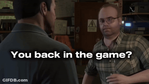 A Man In A Plaid Shirt Is Talking To Another Man With The Words " You Back In The Game " On The Bottom GIF