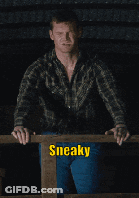 A Man In A Plaid Shirt Leans On A Wooden Railing With The Words Sneaky As The Dickens Written Below Him GIF