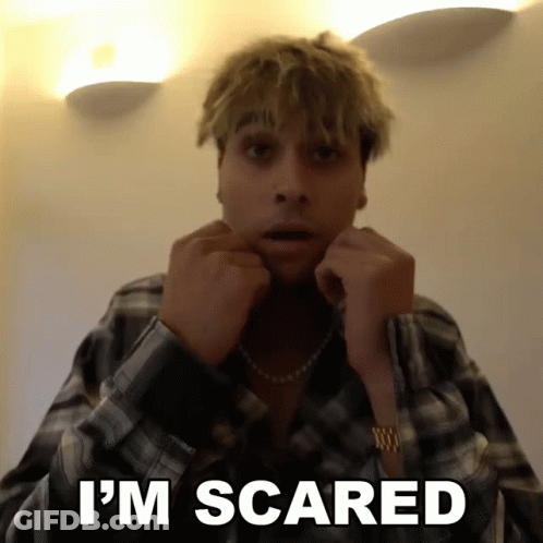 A Man In A Plaid Shirt Says I 'M Scared With His Hands On His Face GIF