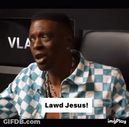 A Man In A Plaid Shirt Says Lawd Jesus On The Bottom GIF